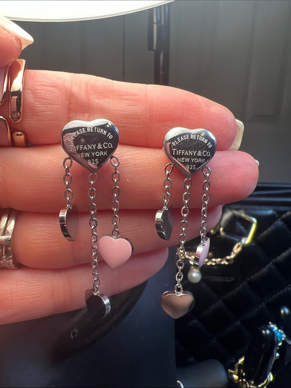 Silver Hearts with Heart Drop Dangles Charms in Silver and Pink Enamel - Picture 5 of 6